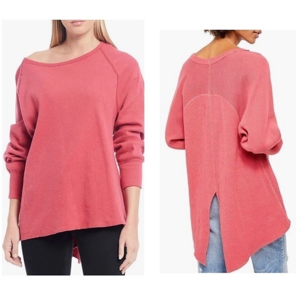 FREE PEOPLE Top Womens Pink Waffle AMELIA THERMAL Flowy Oversized Slit size XS - Picture 1 of 7